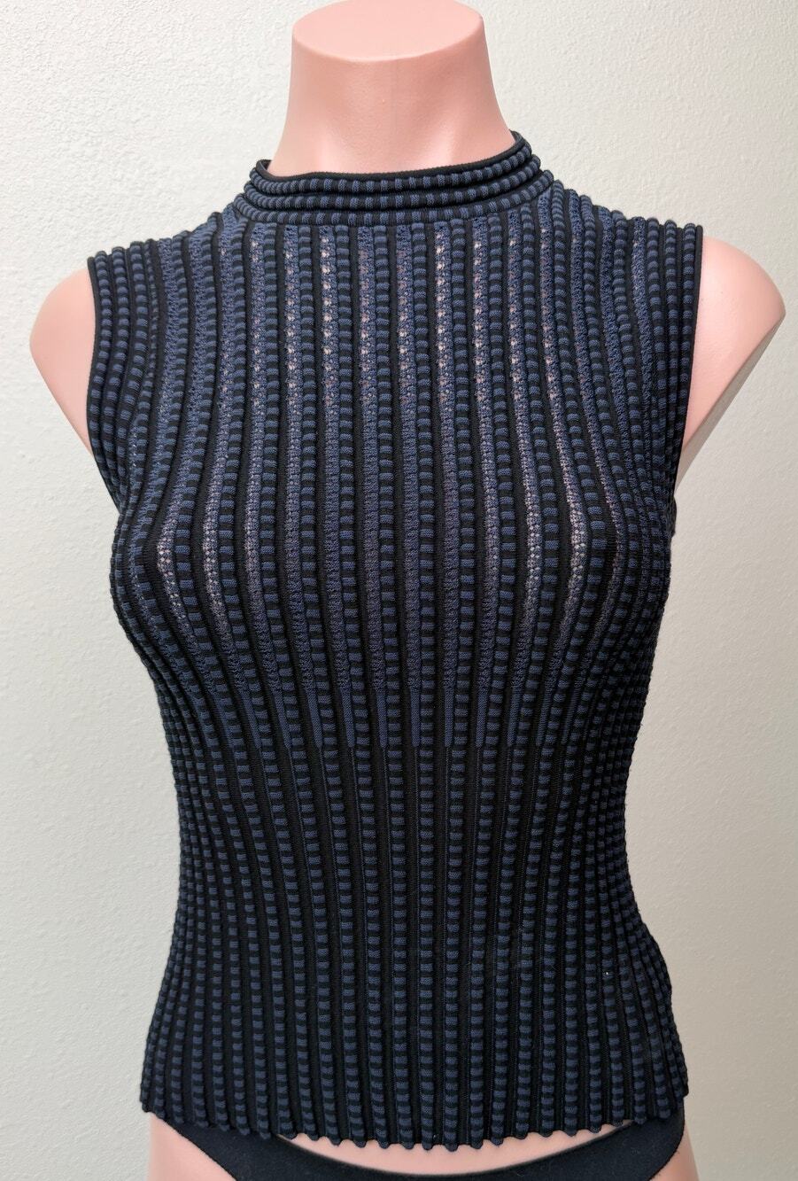Theory Black Blue Stripe Ribbed Sleeveless Mock Neck Knit Top US S